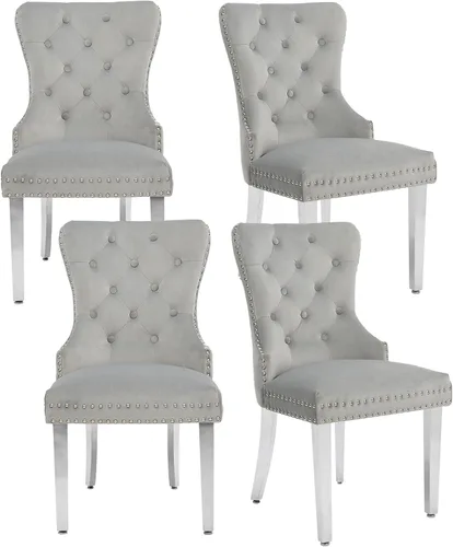 Miniatura 28 de adochr Juego de 2 sillas de comedor de terciopelo, sillas de comedor tapizadas acolchadas con anillo de tracción y patas de acero inoxidable, beige