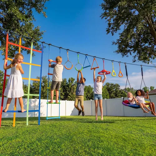 Miniatura 7 de Hapfan - Juego de columpios de curso de obstáculos Ninja Warrior de 50 pies para niños con accesorios resistentes al clima, juego de exterior