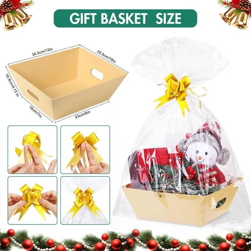 Miniatura 3 de AFOROEOA Paquete de 10 cestas vacías para regalos, cesta de regalo de papel kraft de 10 x 12 pulgadas de grosor con 10 lazos, 10 bolsas vacías
