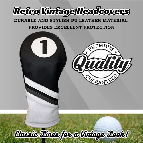 Miniatura 2 de Cubierta de cabeza de golf en blanco y negro estilo vintage de cuero para conductores de 460 cc