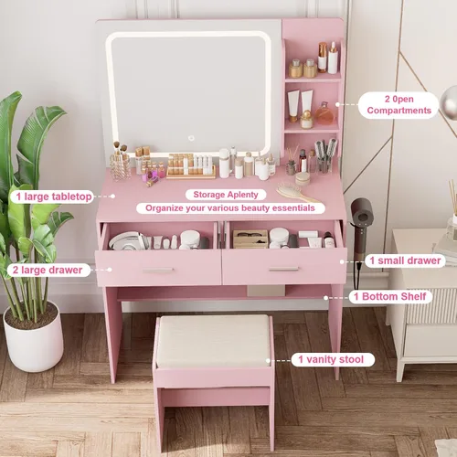 Miniatura 3 de Tocador de maquillaje con espejo iluminado y toma de corriente – 2 estantes, 2 cajones, almacenamiento inferior – Viene con taburete tapizado (rosa)