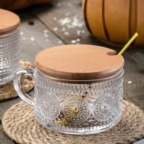 Miniatura 6 de Gezzeny Tazas de Café de Vidrio Vintage con Tapas de Madera de 14 Oz Juego de 2 Tazas de Té en Relieve para Capuchino, Latte, Cereal, Bebidas