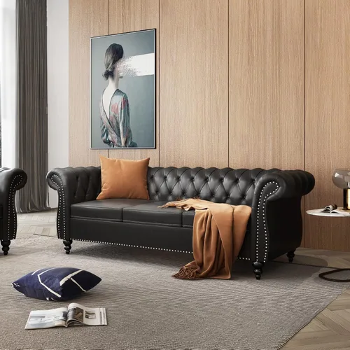 Miniatura 7 de ONCIN Chesterfield - Sofá de cuero para sala de estar, sofá de 3 plazas, sofá copetudo, piel sintética con brazos enrollados y cabeza de clavo