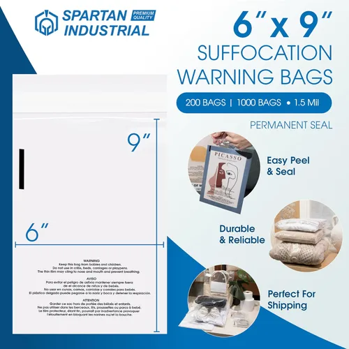 Miniatura 2 de Spartan Industrial - Bolsas de polietileno transparente autosellantes de 6 x 9 pulgadas (200 unidades) con advertencia de asfixia para embalaje