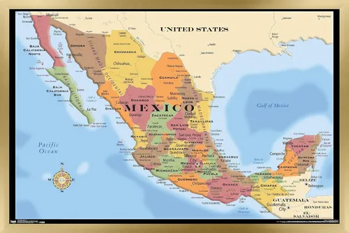 Miniatura 14 de Trends International Map - Póster de pared de México, 14.725" x 22.375", versión con marco de madera de granero
