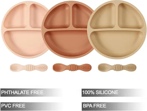 Miniatura 2 de PandaEar Paquete de 3 Platos para Niños Pequeños con 3 Cucharas, Plato de Succión Dividido 100% Silicona para Bebés, Sin BPA, Apto para Lavavajillas