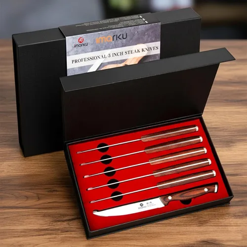 Miniatura 8 de imarku Juego de 6 cuchillos para carne, juego de cuchillos de carne dentados de 9 pulgadas, acero inoxidable japonés de alto carbono, cuchillas