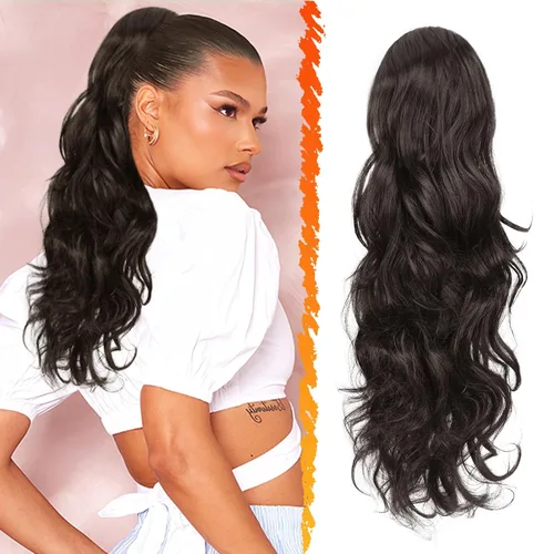 Miniatura 19 de BARSDAR Extensión de cola de caballo rojo burdeos, extensiones de cabello ondulado con cordón de 16 pulgadas para mujer, extensiones de cabello