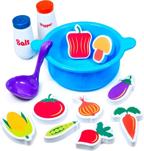Tub Works® Tub Soup™ Scoop, Strain & Play - Juguete de baño para niños pequeños | Vegetales de espuma flotantes, cucharón para recoger y sopa para
