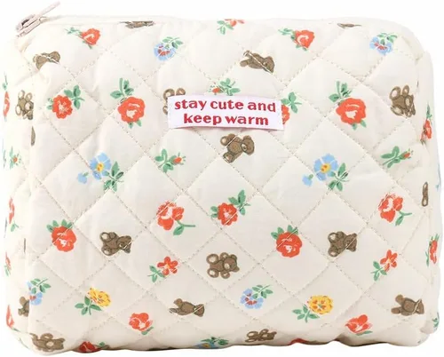 Bolsa de maquillaje Kawaii para cosméticos, lindo organizador de almacenamiento floral con asa, bolsa de aseo con cremallera de dibujos animados