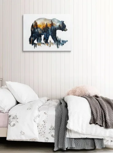 Miniatura 2 de Lienzo enmarcado de paisaje de bosque, silueta de oso, arte de pared, pintura de acuarela, naturaleza, vida silvestre, decoración de pared, póster