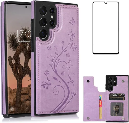 Miniatura 9 de Asuwish Funda para Samsung Galaxy S22 Ultra con protector de pantalla de vidrio templado, funda de cuero con soporte para tarjetas, doble cierre