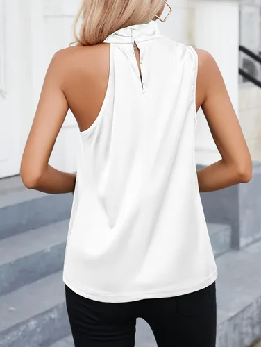 Miniatura 4 de Famulily Camiseta de satén con cuello alto falso para mujer, sexy, sin mangas, casual, de verano, sedosa, con botón en la espalda