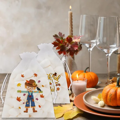 Miniatura 6 de Whaline 48 bolsas de organza de otoño con cordón de pavo, calabaza, espantapájaros, palabras, bolsas de regalo, bolsa de regalo de joyería, bolsa