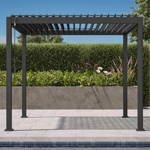 Mirador 111S - Pérgola con listones redondeada de 10 pies x 10 pies, estructura completa de aluminio, techo ajustable, para exterior, duradera,