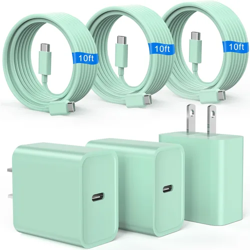 Miniatura 13 de Cargador de carga rápida para iPhone 16 y 15, paquete de 3 cargadores USB C PD de 20 W con cable de 10 pies, cable USB C tipo C para iPhone 16/16