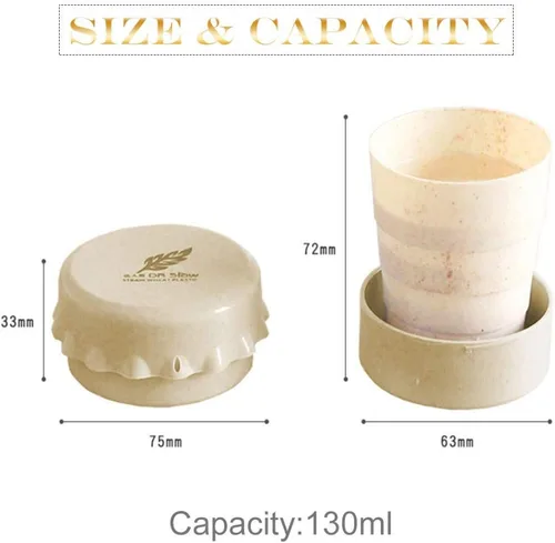 Miniatura 3 de Taza de camping plegable con tapa, plegable telescópica de trigo con paja, taza de agua plegable sin BPA para viajes al aire libre, color beige