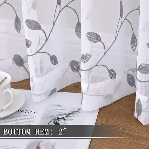 Miniatura 4 de Tollpiz Cortinas Cortas Transparentes de Hojas con Bordado de Hojas Grises, Cortinas de Dormitorio con Bolsillo para Barra, Voile de Lino Sintético