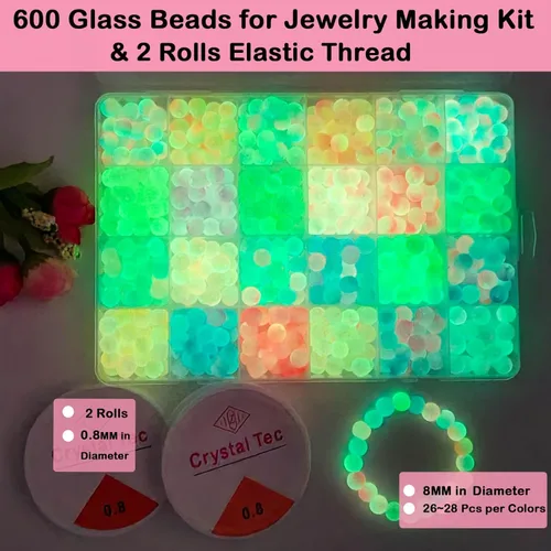 Miniatura 4 de Cuentas de vidrio que brillan en la oscuridad para hacer joyas, 600 cuentas de 0.315 pulgadas con 24 rejillas de piedras preciosas de cristal, 24