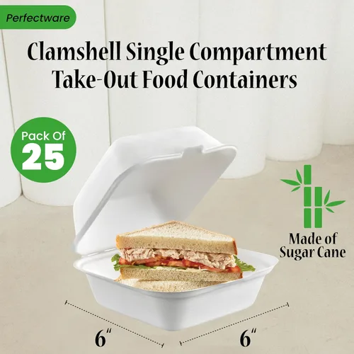 Miniatura 3 de Recipientes de comida para llevar con un solo compartimento 100% compostable, 6 x 6 pulgadas. 25 envases, bagazo desechable natural, biodegradable
