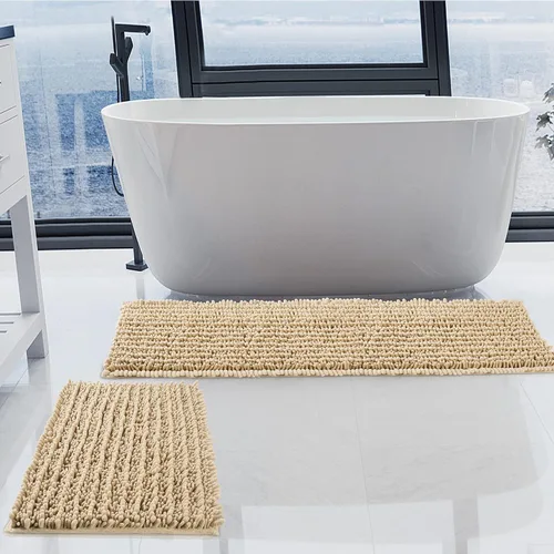 Miniatura 10 de Juego de 2 alfombras de baño de felpilla de lujo, parte inferior de goma termofusible gruesa, antideslizantes, alfombras de baño de secado rápido