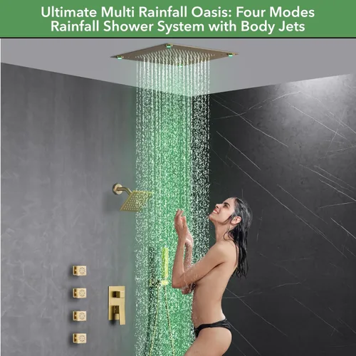 Miniatura 8 de VANFOXLE Juego de grifo de ducha dorado cepillado, grifo de ducha con 2 en 1 de mano, cabezal de ducha LED de 16 pulgadas, cabezal de ducha LED de 6