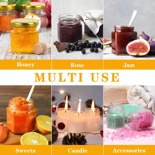 Miniatura 6 de Mini tarros de miel de 1.5 onzas – Paquete de 60 tarros hexagonales de vidrio con varitas de miel de madera, tapas doradas, colgantes de abeja