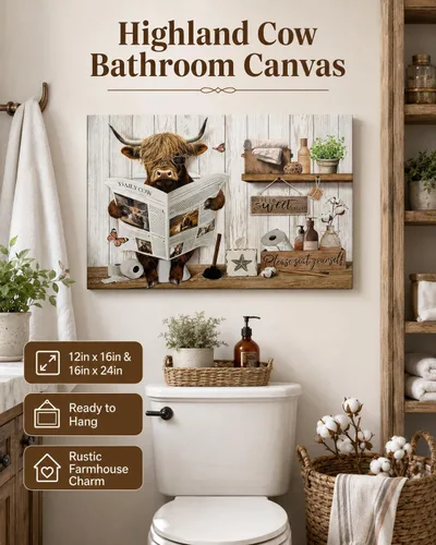 Miniatura 2 de Divertido arte de pared de baño de vaca de las tierras altas, rústico, color marrón, lindo animal, pintura, imagen, decoración de pared, ganado