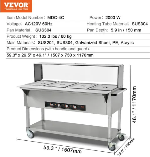 Miniatura 7 de Vevor - Calentador de alimentos comercial de 4 bandejas, mesa de vapor eléctrica de 4 x 20.6QT, calentador de alimentos para buffet de catering