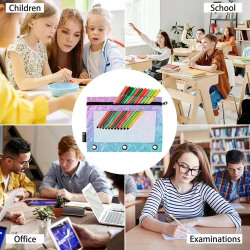 Miniatura 6 de Gredecor Estuche para lápices con 3 anillos con purpurina azul y rosa con cremallera, 2 unidades, organizador transparente para carpeta escolar