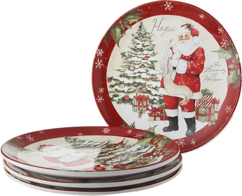 Holiday Wishes - Juego de 4 platos de cerámica vintage de Papá Noel con Peace Love Joy Hope, vajilla festiva para comidas familiares y