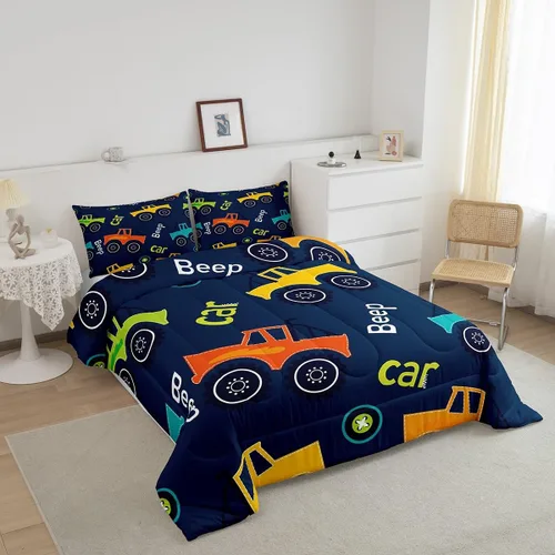 Miniatura 3 de Feelyou Juego de ropa de cama de dibujos animados de construcción para niños, juego de edredón para niños y niñas, camiones de equipo, decoración