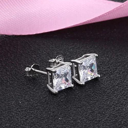 Miniatura 4 de MMTTAO Aretes de plata de ley 925 con circonita cúbica de corte princesa para mujeres, hombres y niñas, brillantes y puros, aretes de circonita