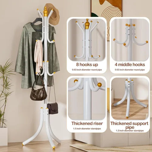Miniatura 7 de Perchero de pie de metal con 12 ganchos, organizador de pasillos, muebles de entrada para colgar chaqueta, bolso de mano, tela, sombrero, soporte