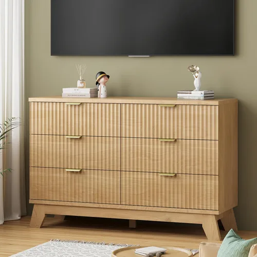 Miniatura 7 de Xixini - Cómoda moderna de madera acanalada para dormitorio, sala estar, pasillo o armario, para organizar y almacenar ropa o soporte de TV, 6 Roble