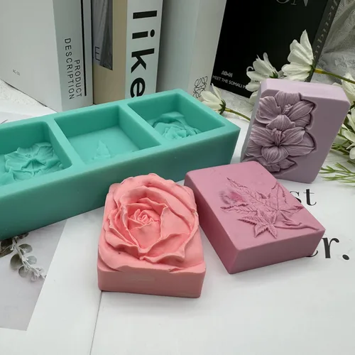 Miniatura 6 de Molde de jabón de flores de 3 cavidades, molde de silicona para hacer jabón natural, molde de cera para velas decoradas, moldes de resina para Molde