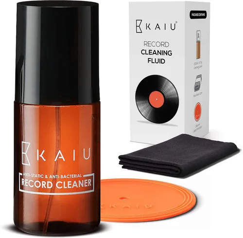 KAIU Kit de limpieza de discos de vinilo, líquido antiestático de limpieza de discos con protector de etiquetas de silicona y paño de microfibra,