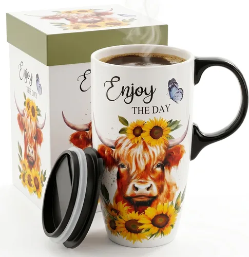 Miniatura 11 de Topadorn Taza de viaje de cerámica de 17 onzas con tapa y asa a prueba de derrames, apta para microondas y lavavajillas, regalo para hombres