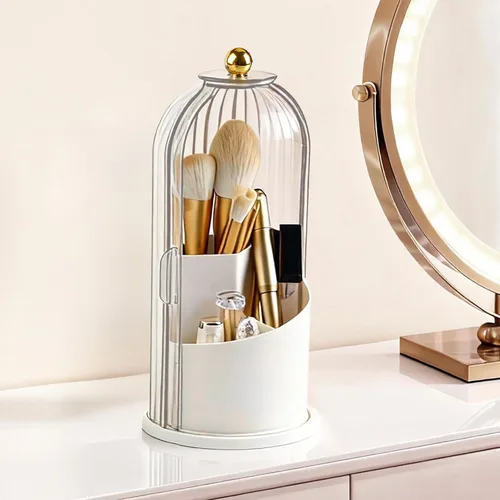 Miniatura 9 de Hvygss Soporte giratorio de 360° para brochas de maquillaje con tapa, organizador de maquillaje impermeable de tres compartimentos, organizador