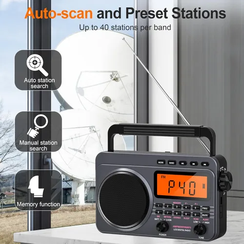 Miniatura 7 de Radio portátil con la mejor recepción, radio digital recargable de 4000 mAh AM FM portátil con tarjeta SD/reproducción USB, sintonizador digital