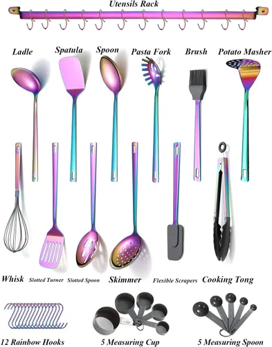 Miniatura 2 de Juego de utensilios de cocina de arco iris, Kyraton de acero inoxidable con 37 piezas, juego de herramientas de cocina con estante de utensilios