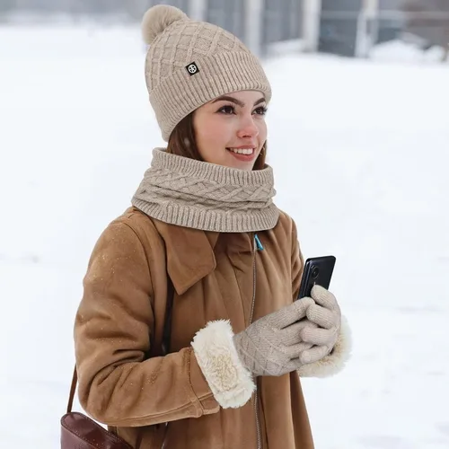 Miniatura 2 de Gorros de invierno para mujer, bufanda, guantes para pantalla táctil, juego cálido con patrón de cuadrícula, gorro holgado de punto con forro polar