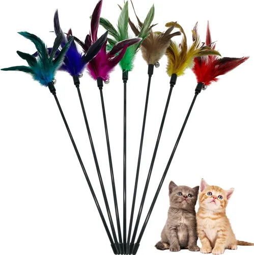 Miniatura 8 de Juguete de varita para gatos, 6 piezas interactivas para gatos, varita de plumas para gatos de interior (A)