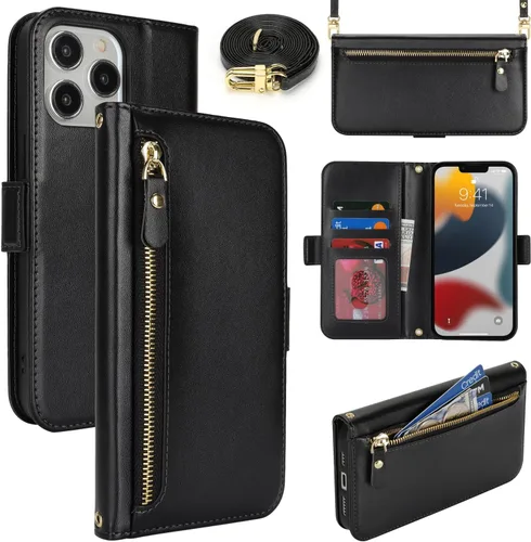 Miniatura 20 de Lipvina Funda tipo cartera para iPhone 12 Pro Max / 13 Pro Max para mujeres, bolsillo con cremallera, funda de teléfono de cuero PU con soporte