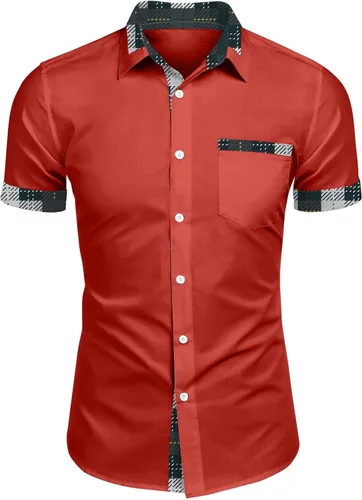 Miniatura 4 de RTRDE Men's Button Down Shirts Short Sleeve Plaid Print Summer Beach Wedding Vacation Dress Shirts, M-4XL