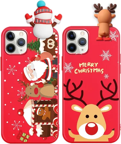 Miniatura 15 de Paquete de 2 fundas navideñas lindas para iPhone 13 Pro, patrón rojo 3D de muñeco Papá Noel muñeco de nieve Feliz Navidad de silicona suave TPU