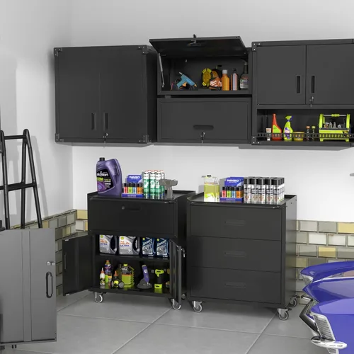 Miniatura 2 de Armario de almacenamiento de metal para garaje con ruedas, gabinete rodante con cerradura para herramientas con cajón y estantes, gabinete móvil
