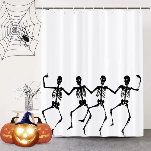 Miniatura 10 de Bonita cortina de ducha de Halloween, fantasmas divertidos y espeluznantes, juego de cortina de ducha de poliéster blanco y negro con 12 ganchos