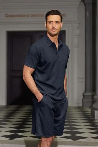 Miniatura 6 de COOFANDY - Conjunto de polo y pantalones cortos de punto acanalado para hombre, 2 piezas, atuendo de verano, traje casual deportivo con bolsillos