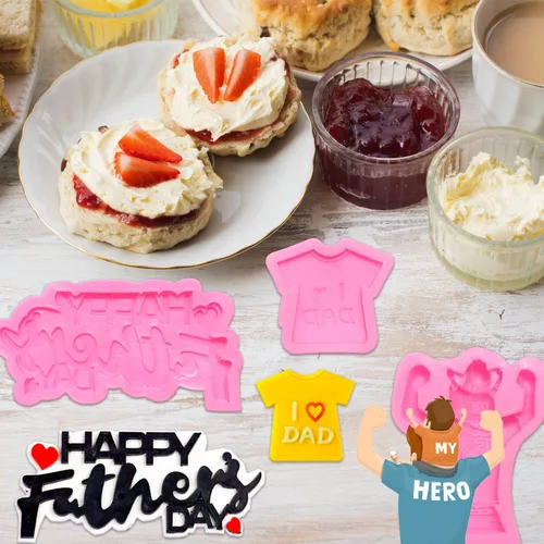 Miniatura 6 de Doumeny 6 moldes para fondant para el día del padre, con texto en inglés "I love dad", molde de silicona para bigote, para hornear, lazo, barba